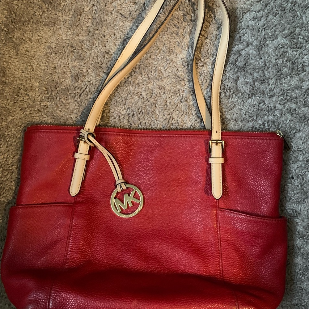 Michael Kors Carry All Jet Set Tote Bag Leather Shoulder Bag Double Strap Red